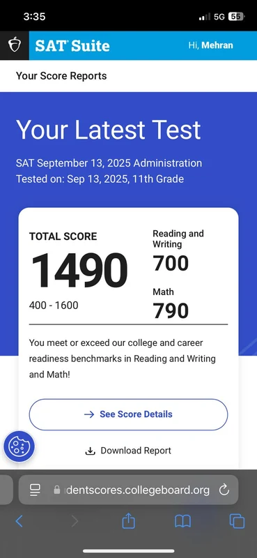 SAT result showing a score of 1490