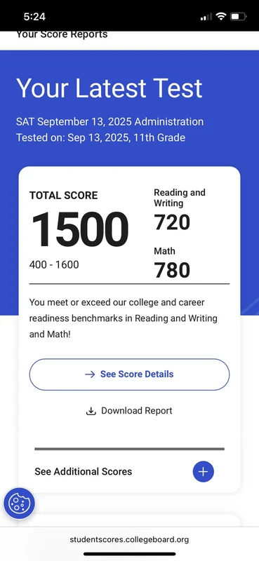 SAT result showing a score of 1500