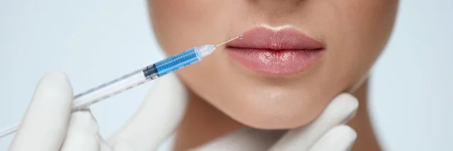 A practitioner assessing the lip area before treatment
