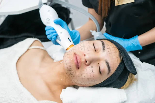 A practitioner using a device for facial rejuvenation