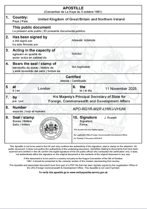 Apostille document — sample 1 from the Val Tech gallery