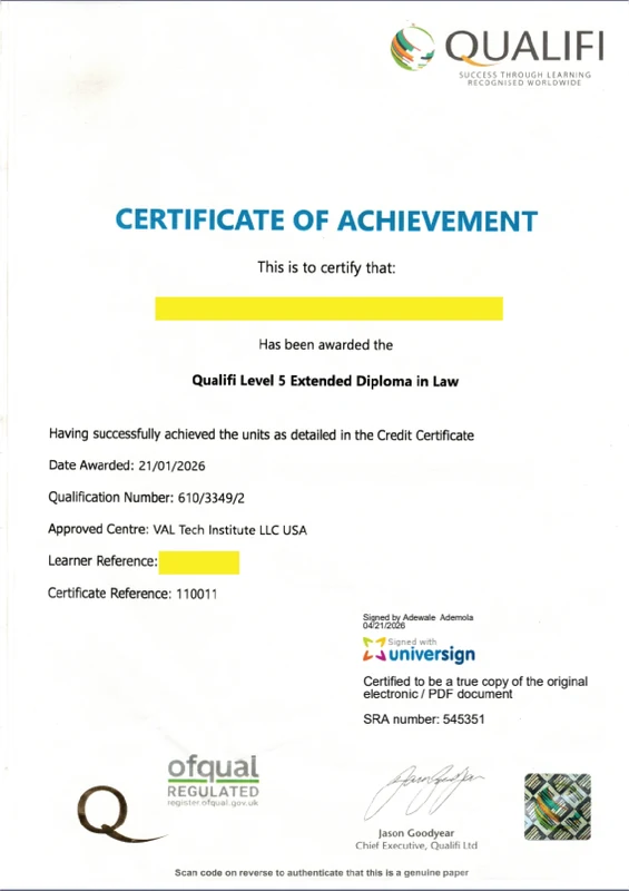 Certificate of achievement — sample 3 from the Val Tech gallery